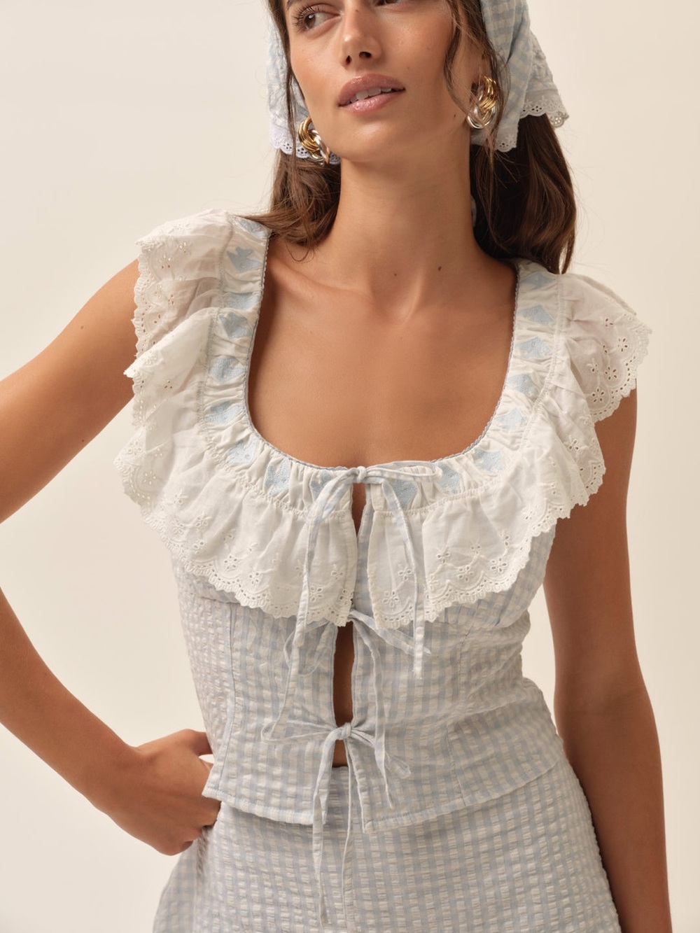 NWT For Love & Lemons Bradford Gingham Blue & White Top Small